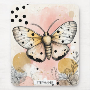 Watercolor Spotted Tiger Moth Pink Gold Boho Art Mouse Mat
