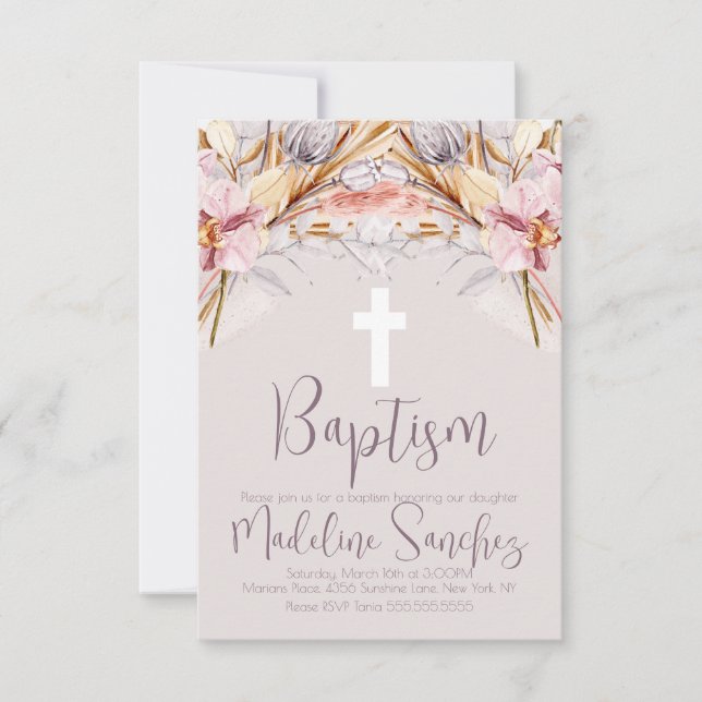 Watercolor Spring Baptism Floral Dedication  Muave Invitation (Front)