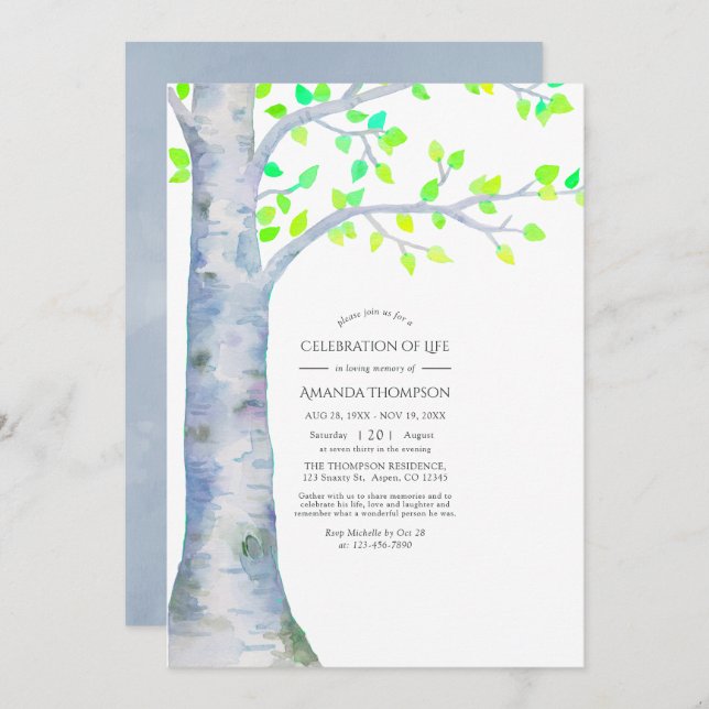 Watercolor Spring Birch Tree Celebration of Life Invitation (Front/Back)