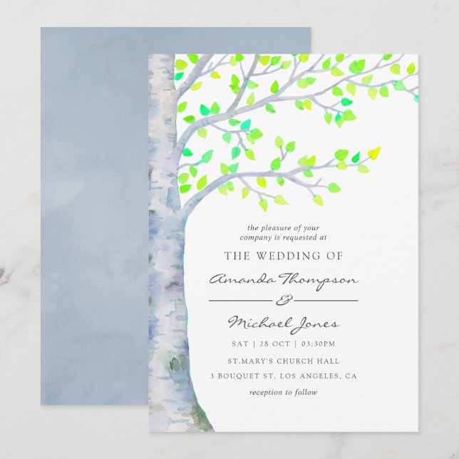 Watercolor Spring Birch Tree Wedding invitation (Front/Back)