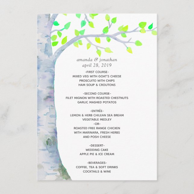 Watercolor Spring Birch Tree Wedding Menu (Front)