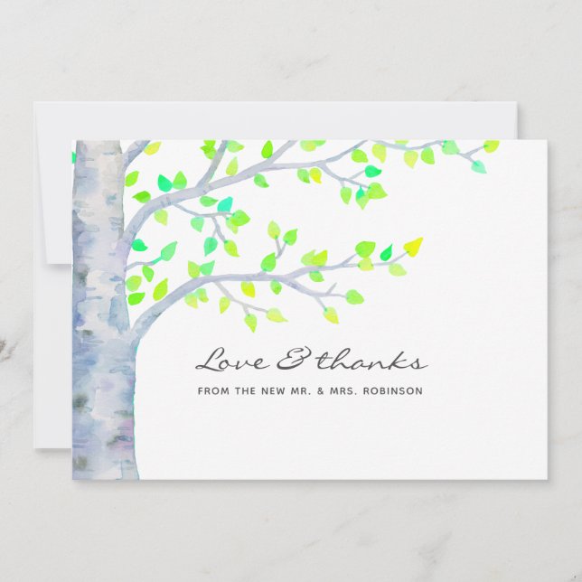 Watercolor Spring Birch Tree Wedding Thank You Card (Front)