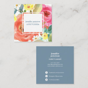 Watercolor Spring  bloom peony  Social Media Icons Square Business Card