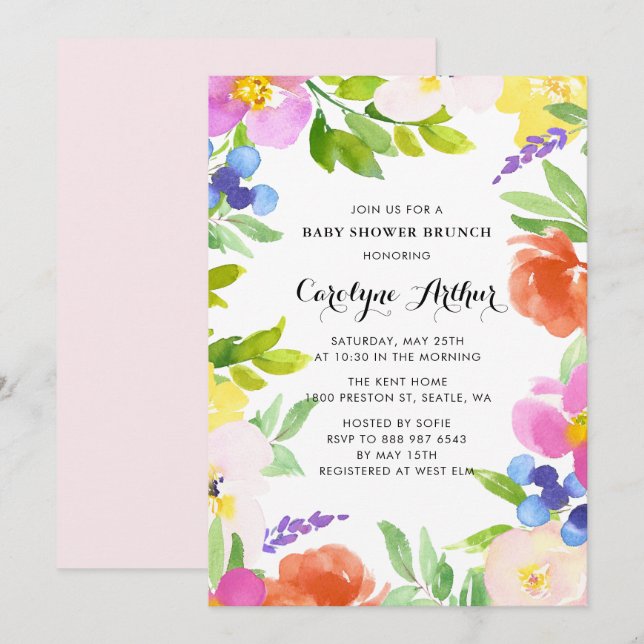 Watercolor Spring Blooms Baby Shower Brunch Invitation (Front/Back)