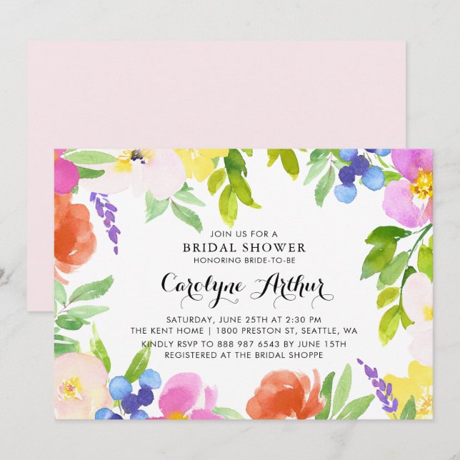 Watercolor Spring Blooms Bridal Shower Invitation (Front/Back)