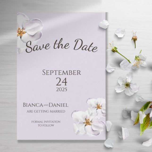 watercolor spring blossom Save the date (Lilac light purple with white spring watercolor flowers, floral in blossom)