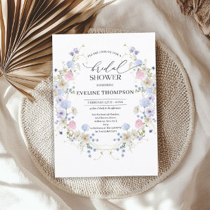 Watercolor spring blue pink wildflowers wreath invitation