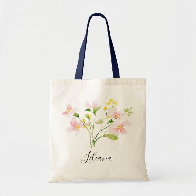 Watercolor Spring Blush Pink Yellow Blooms Bouquet Tote Bag (Front)