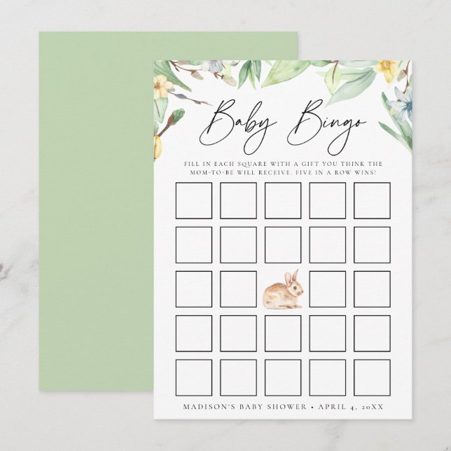 Watercolor Spring Bunny Baby Shower Bingo Card (Front/Back)