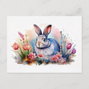 Watercolor Spring Bunny Postcard - Floral Rabbit 