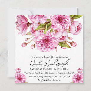 Watercolor Spring Cherry Blossom Bridal Shower Invitation