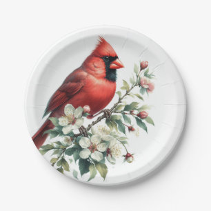 Watercolor Spring Cherry Blossom Northern Cardinal Paper Plate