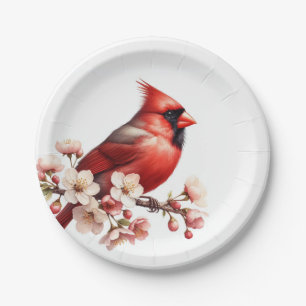 Watercolor Spring Cherry Blossom Northern Cardinal Paper Plate