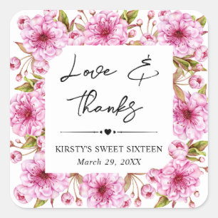 Watercolor Spring Cherry Blossom Sweet Sixteen Square Sticker