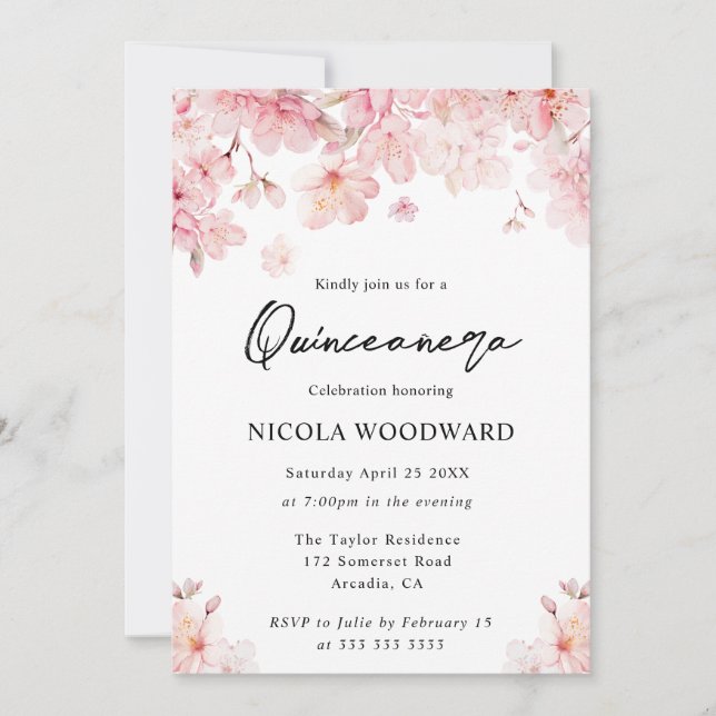 Watercolor Spring Cherry Blossoms Quinceanera Invitation (Front)