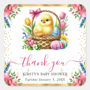 Watercolor Spring Chick Basket Baby Shower Square Sticker
