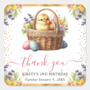 Watercolor Spring Chick Basket Birthday Square Sticker