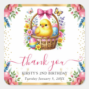 Watercolor Spring Chick Basket Birthday Square Sticker