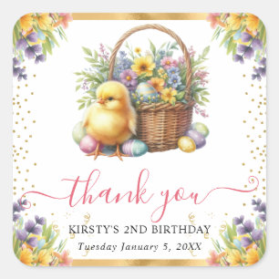 Watercolor Spring Chick Basket Birthday Square Sticker
