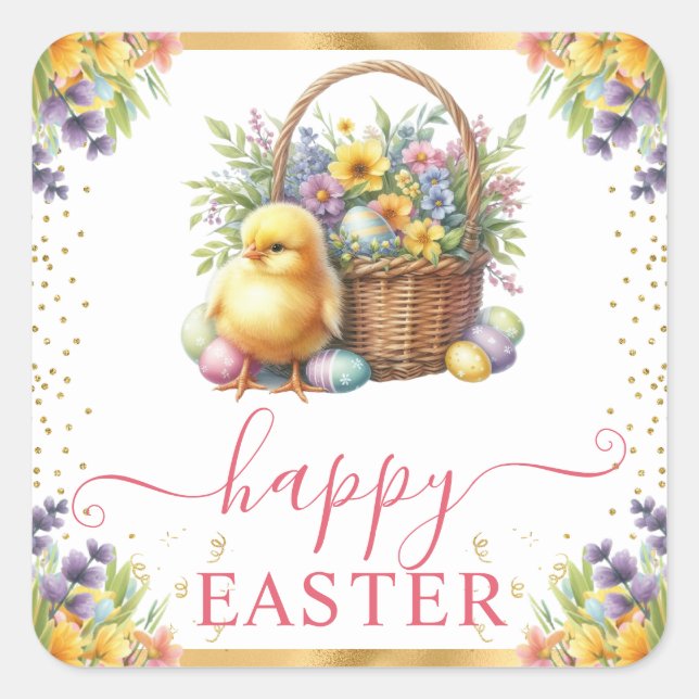 Watercolor Spring Chick Basket Easter Square Sticker (Front)