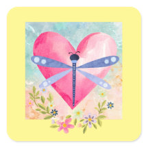 Watercolor Spring Dragonfly, Heart, Flowers