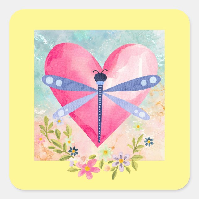 Watercolor Spring Dragonfly, Heart, Flowers Square Sticker (Front)