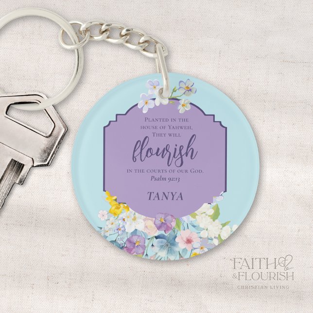 Watercolor Spring Floral Bible Verse Personalised Key Ring (Creator Uploaded)