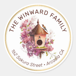 Watercolor Spring Floral Birdhouse Address Classic Round Sticker
