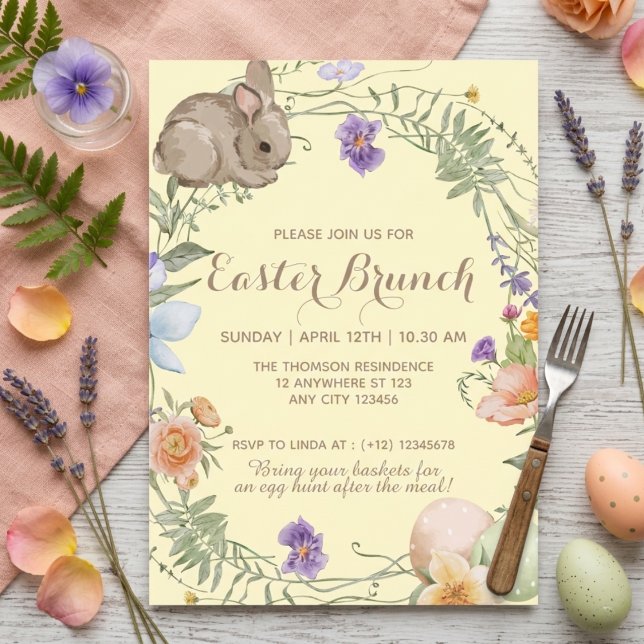 Watercolor Spring Floral Bunny Easter Brunch  Invitation (Creator Uploaded)