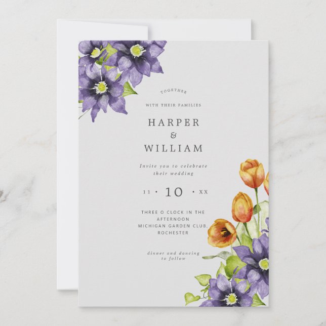 Watercolor spring floral colourful wedding  invitation (Front)