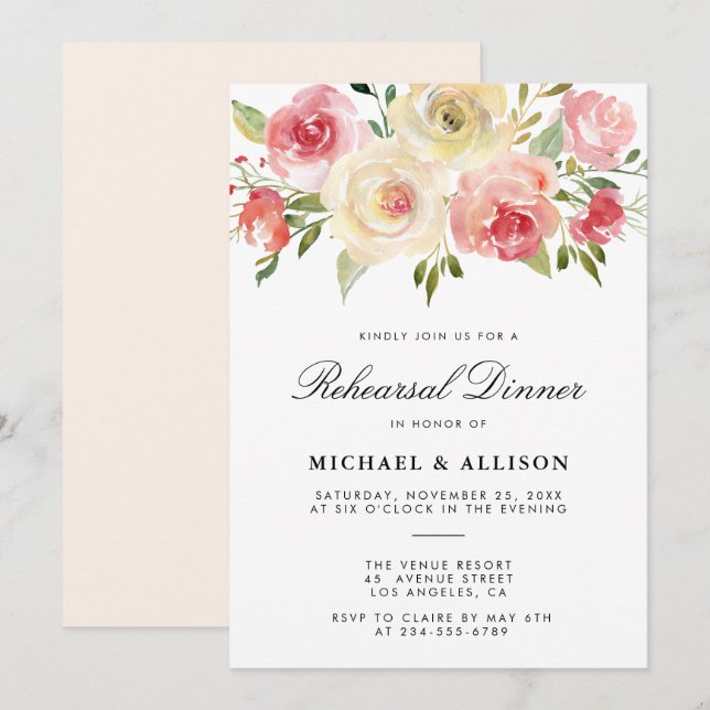 Watercolor spring floral rehearsal dinner invitation (Front/Back)