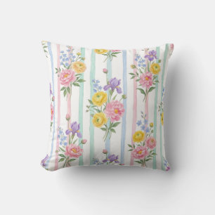 Watercolor Spring Floral Stripes Pattern Cushion