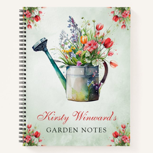 Watercolor Spring Floral Watering Can Garden Notes Notebook (Front)