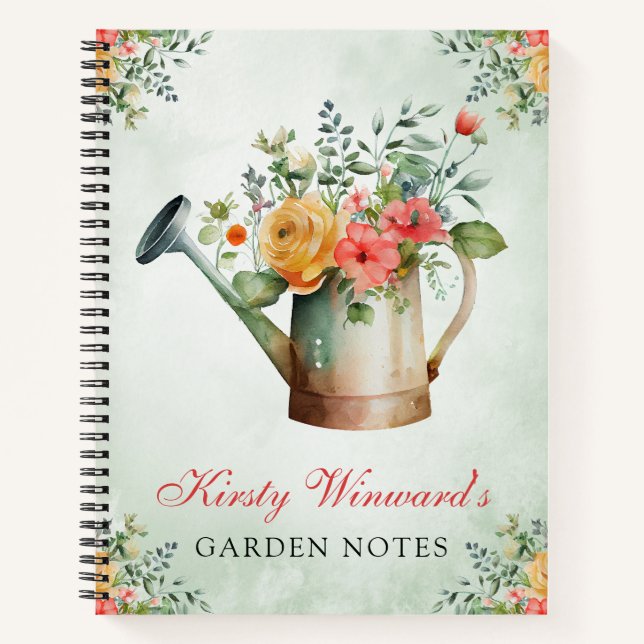 Watercolor Spring Floral Watering Can Garden Notes Notebook (Front)