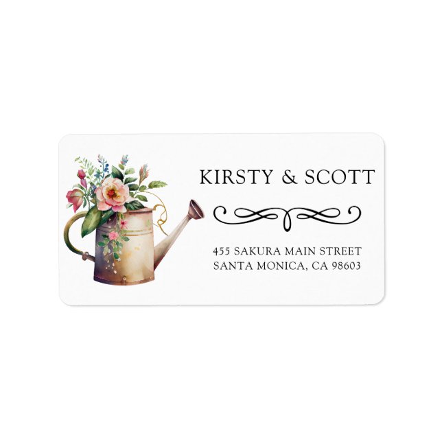 Watercolor Spring Floral Watering Can Wedding Label (Front)