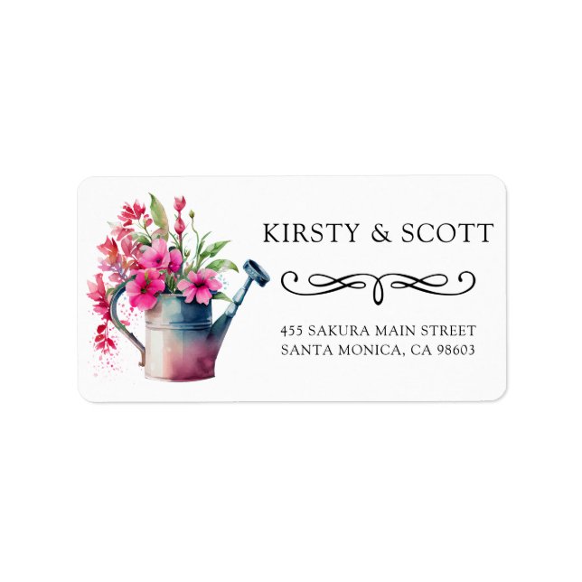 Watercolor Spring Floral Watering Can Wedding Label (Front)