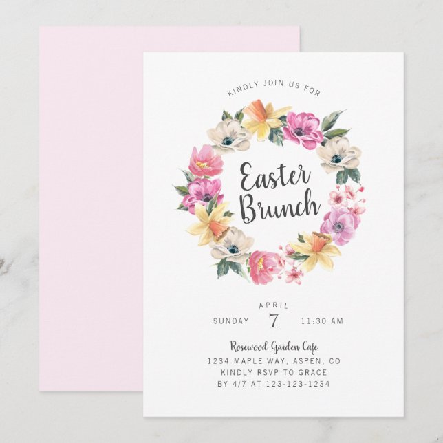 Watercolor Spring Floral Wreath Easter Brunch Invitation (Front/Back)
