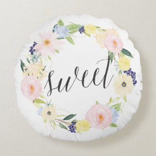 Watercolor Spring Floral Wreath   Sweet Round Round Cushion