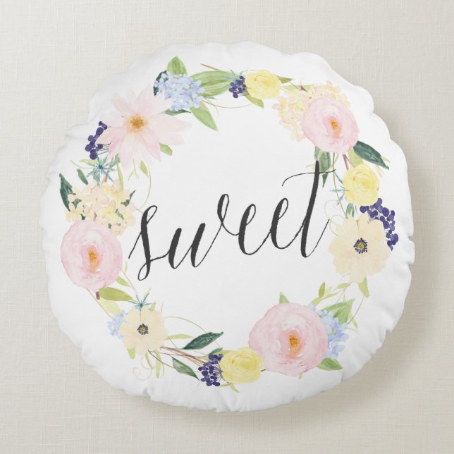 Watercolor Spring Floral Wreath | Sweet Round Round Cushion (Front)