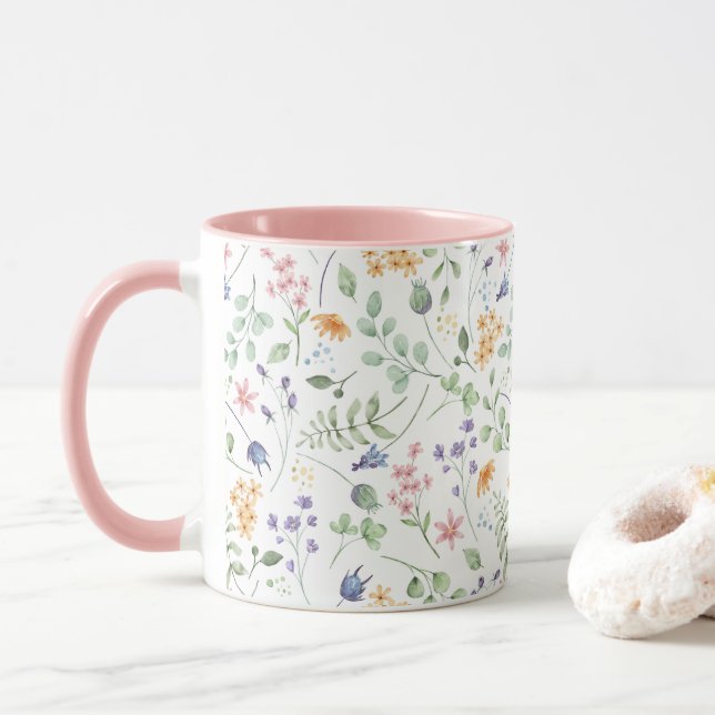 Watercolor Spring Flower Pattern  Mug (With Donut)