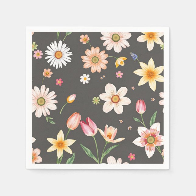 Watercolor Spring Flower Pattern with Daisies  Napkin (Front)