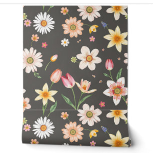 Watercolor Spring Flower Pattern with Daisies Wallpaper