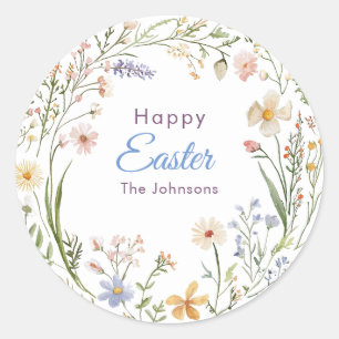 Watercolor spring flower wreath Happy Easter Classic Round Sticker