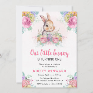 Watercolor Spring Flowers and Rabbit 1st Birthday Invitation