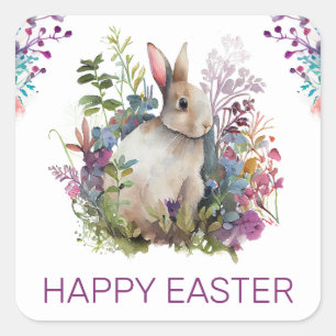 Watercolor Spring Flowers and Rabbit Happy Easter Square Sticker
