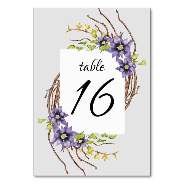 Watercolor spring flowers bare twigs wedding table number (Front)