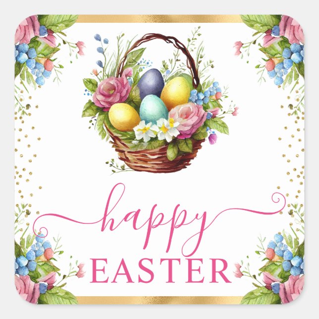 Watercolor Spring Flowers Basket Happy Easter Square Sticker (Front)