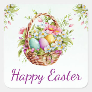 Watercolor Spring Flowers Basket Happy Easter Square Sticker