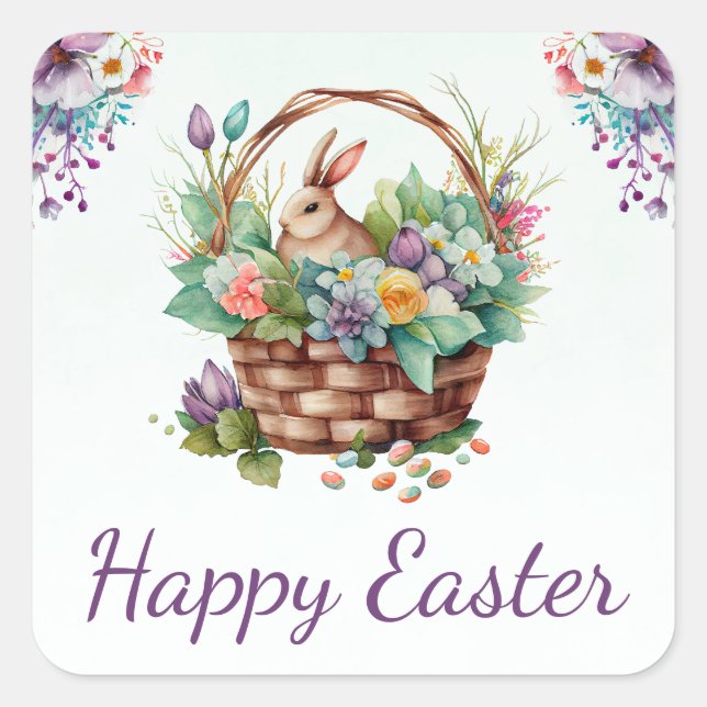 Watercolor Spring Flowers Basket Happy Easter Square Sticker (Front)