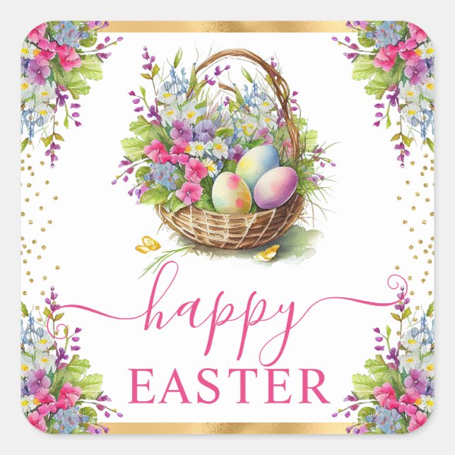 Watercolor Spring Flowers Basket Happy Easter Square Sticker (Front)